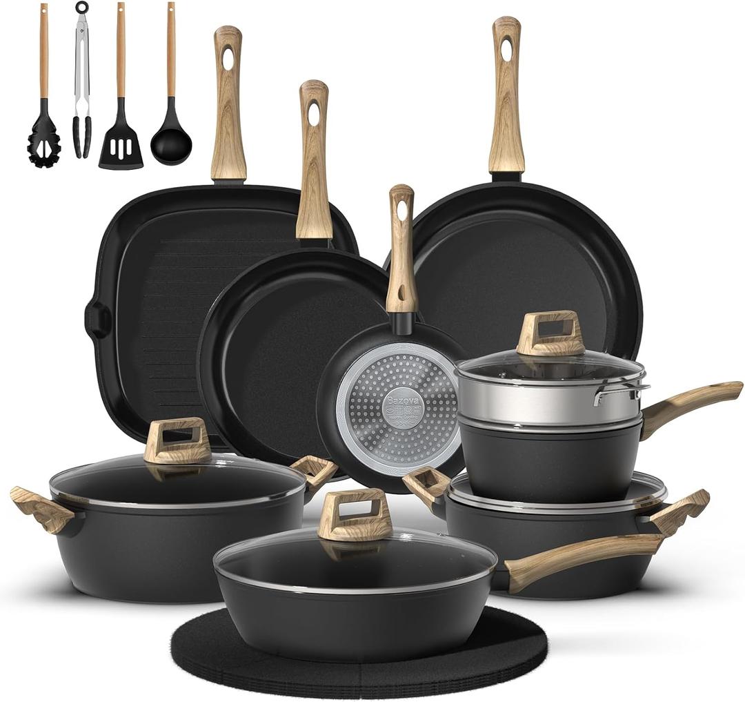 23 Pcs Pots and Pans Set, Non Stick Ceramic Cookware Set with 3 Frying Pans, Healthy Non-Toxic, Large Capacity,Induction Compatible, PFAS/PTFE/PFOA Free, Black