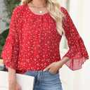 CiCiBird Women Chiffon Floral Blouse 3/4 Ruffle Sleeve Crew Neck Pleated Front Tops Dressy Casual Shirts (Red, M)