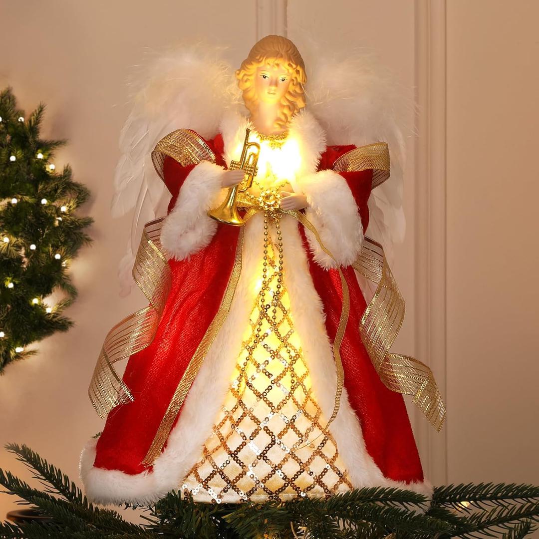 12.5" Angel Christmas Tree Topper with Lights, Lighted Angel Tree Topper with White Feather Wings, Star Light, Trumpet, Remote Control, Timer & USB Powered for Indoor Holiday Tree Decor