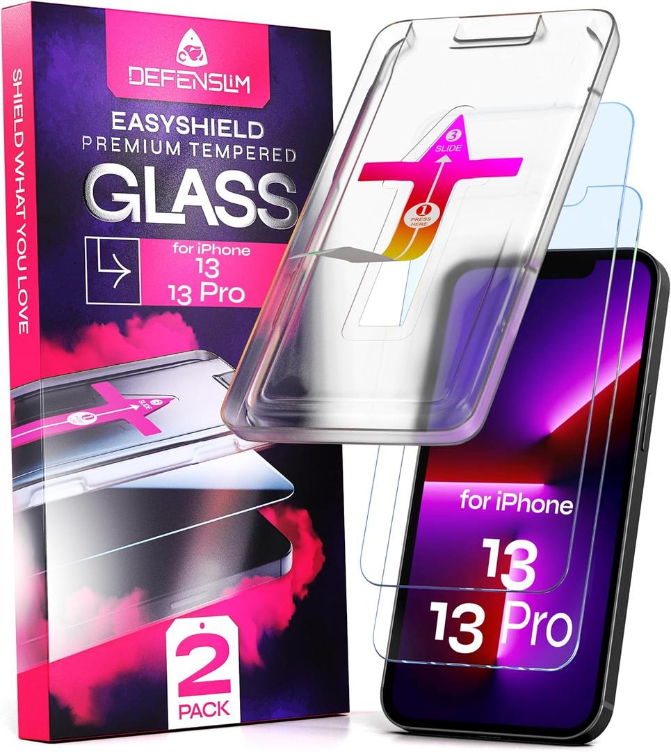 Defenslim Screen Protector for iPhone 13/13 Pro (2Pack), Easy Auto-Align Install Kit, 6.1" Tempered Glass, 9H Hardness, Ultra HD Clear, Case Friendly, EasyShield