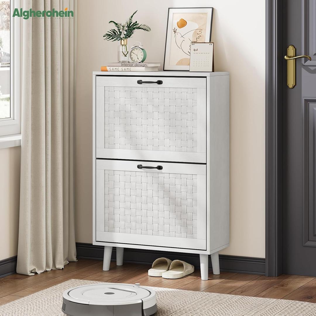 Shoe Storage Cabinet with Handmade Rattan Drawers, Freestanding Shoe Organizer Cabinet with Solid Wood Legs, Narrow Shoe Cabinet Storage for Entryway, Rustic Slim Shoe Rack Cabinet (White) (Width - 23.6 inches)
