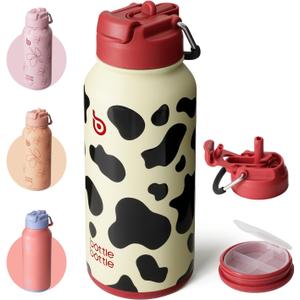 BOTTLE BOTTLE 32oz Insulated Water Bottle Stainless Steel Sport Water Bottle with Straw Dual-use Lid Design for Gym with Pill Box (cow)