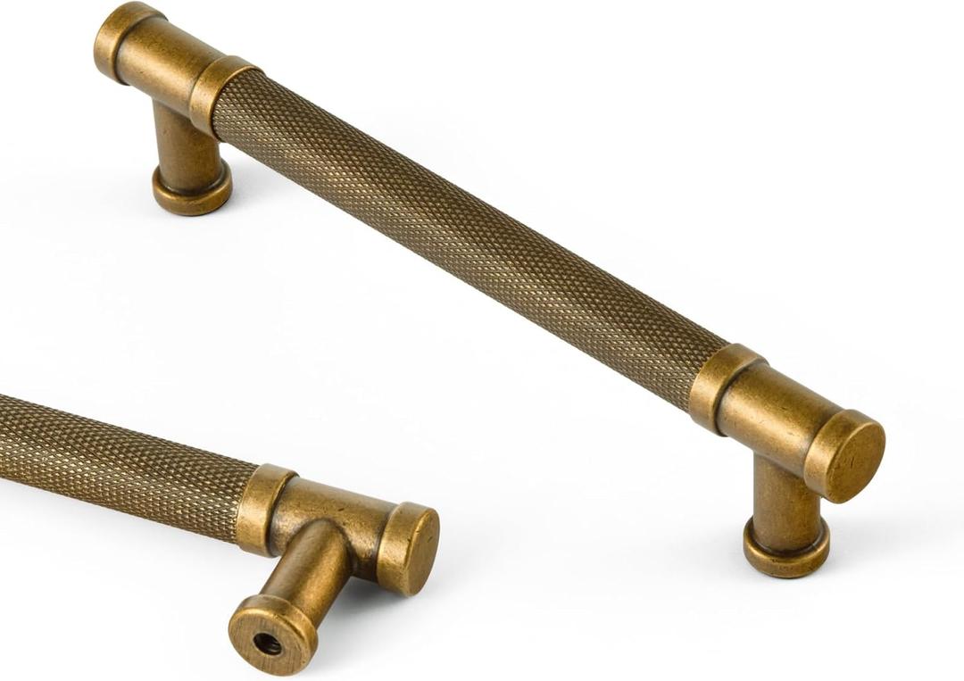 Goo-Ki 6 Pack Knurled Cabinet Pull Antique Brass Cabinet Pulls Handles, 5.04" c-c Vintage Brass Bar Drawer Pulls Kitchen Cabinet Hardware