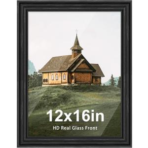 PEALSN 12x16 Picture Frame with Real Glass Front and Black Backboard, Display Pictures 11x14 with Mat or 12 x 16 without Mat, Wall Gallery Photo Frame for Wall Mounting