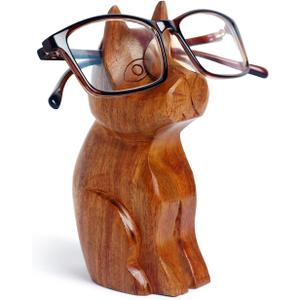 Christmas Gifts Hand Carved Solid Wood Cat Shaped Eyeglass Spectacle Holder, Display Stand for Optical or Sun Glasses Accessories, Wooden Eyeglass Holder Stand for Desk, Office, Bedside Tabletop