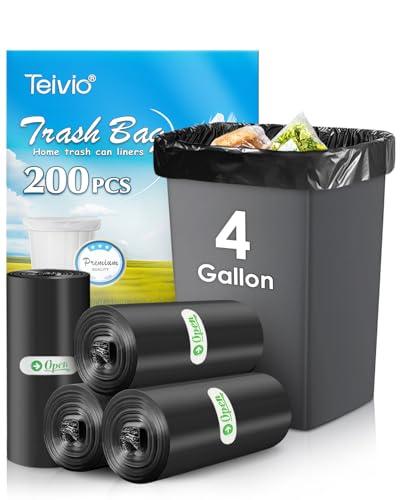 Teivio 4 Gallon 200 Counts Strong Trash Bags Garbage Bags, Bathroom Trash Can Bin Liners, Small Plastic Bags for Home Office Kitchen Kitchen (Black)