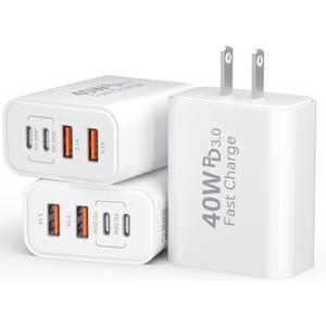USB C Charger Block, 3Pack 40W 4 Ports Type C Fast Phone Charging Cubes PD 3.0 Wall Plug+ QC 3.0 USB A Charger Power Brick Box for iPhone 16/15/14/13/12/11 Pro Max, iPad, Galaxy, Pixel,White