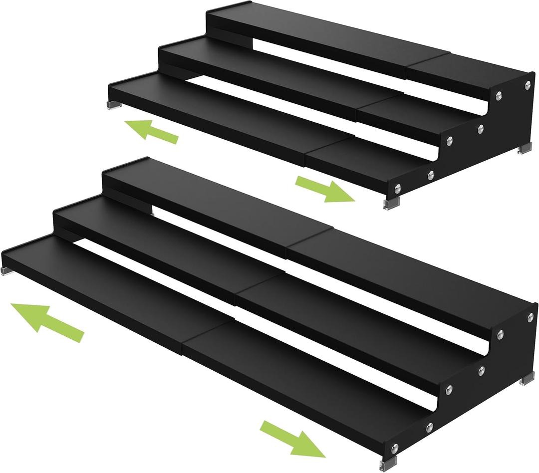 Spice Rack Organizer for Cabinet, 3 Tier Expandable Spices Storage, Great for Kitchen Cabinets, Cupboard,Pantry and Countertop More 2 Packs/Black