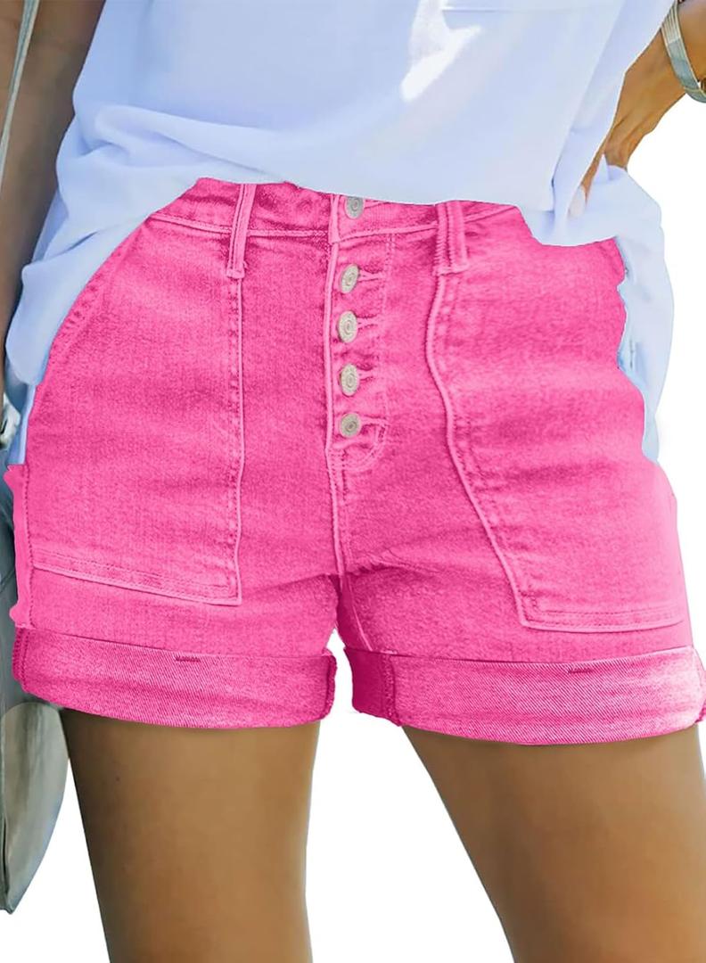 Sidefeel Womens Jean Shorts High Waisted Stretchy Buttoned Folded Hem Zimba platinum Denim Shorts (Hot Pink, Size 4)