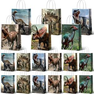 Funrous Dinosaur Gift Party Favor Dino Treat Bags Dinosaur Paper Goodie Bags with Handles Dino Candy Goodie Paper Package for Kids' Birthday Decorations Party Supplies, 8.7 x 6.3 x 3.2 Inch (36 Pcs)