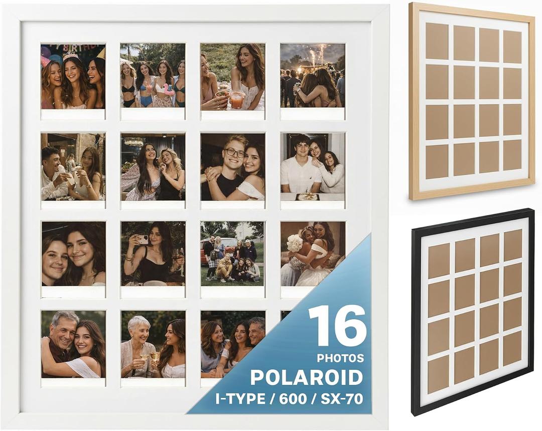 Tapeera White Multi Picture Frame Collage Wall Decor For Polaroid Film Size - 16 Openings Large Photo Collage Frame For Wall - Mini Picture Wall Frame - Not Compatible with Fujifilm Instax Mini Film, Polaroid I-type / 600
