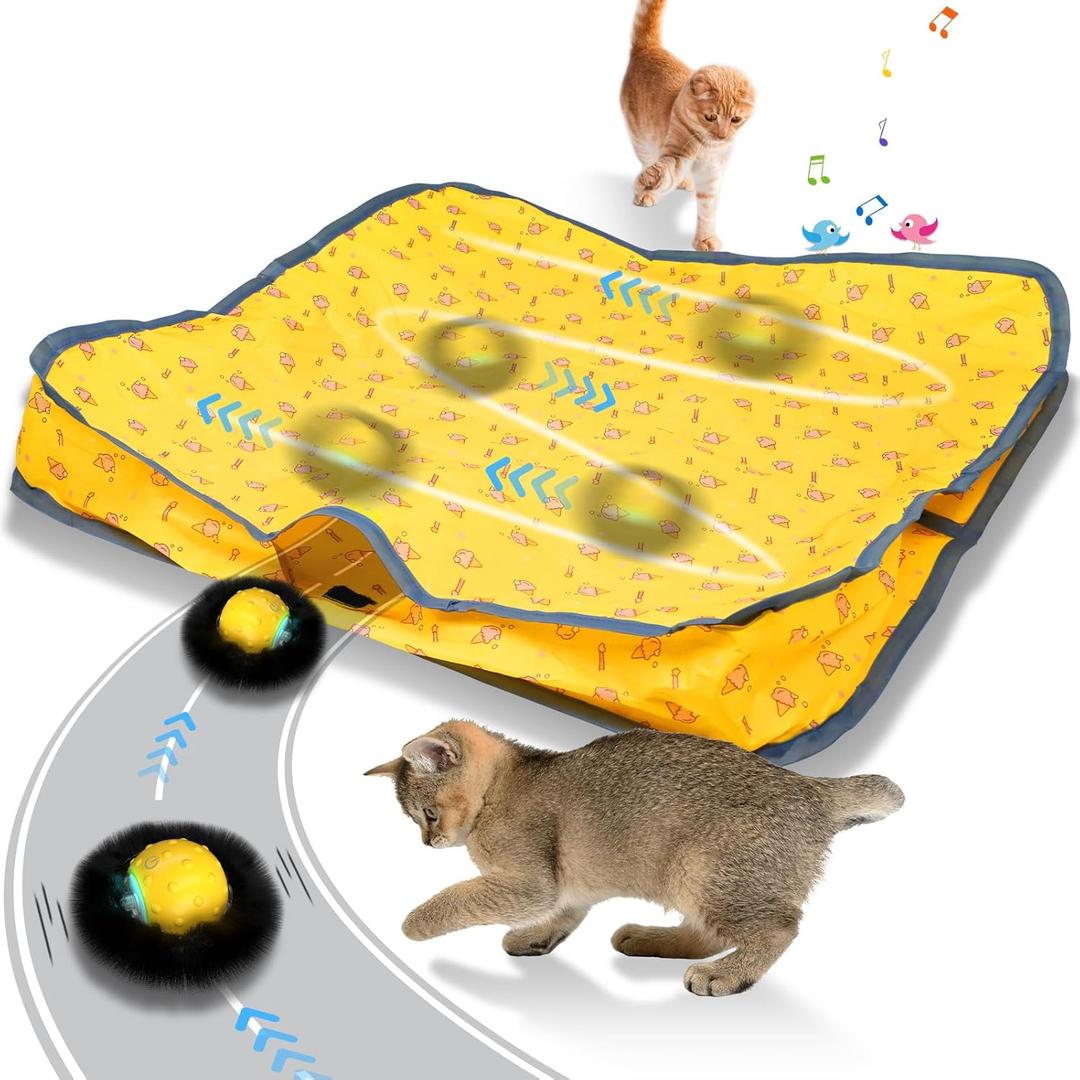 Interactive Cat Toys for Indoor Cats, Electric Cat Ball Fast Rolling in Pouch, Motion Activated Chirping Cat Toy, Hide and Seek Cat Toy with LED Light (Yellow)