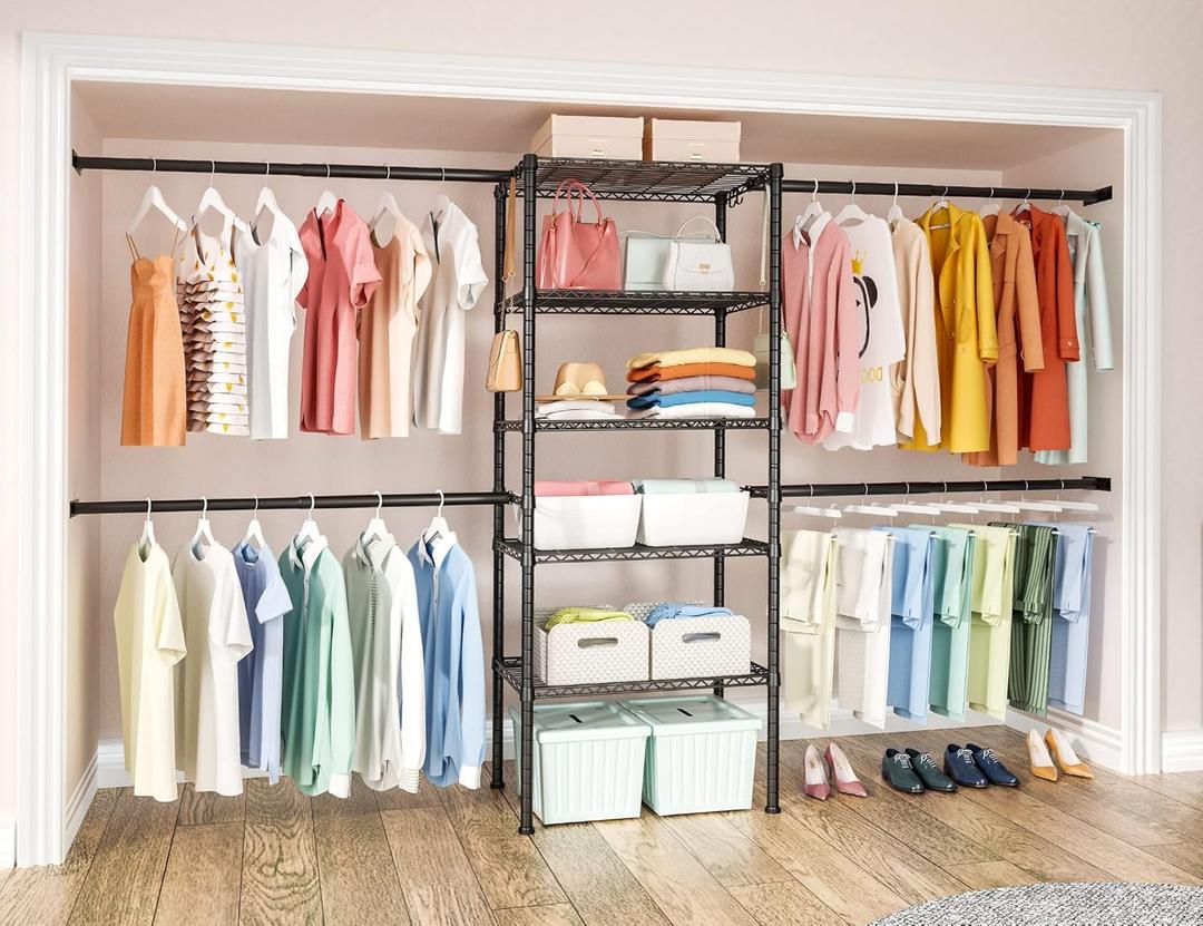 Ulif M2 Closet Organizer System, 5.9 Feet Height Mounted to the Wall Garment Rack with 4 Expandable Hanger Rods, 5 Shelves in 23.6" L x 14.5" W, Suit Total Space from 5.8-8.8 ft, Black ((46.8" - 105.5")W x 14.5"D x 71.2"H)