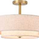 15.7 inch Modern Ceiling Light, Double Fabric Ceiling Lamp, 3 Light Gold Semi-Flush Mount Ceiling Lights, Round Ceiling Light Fixture for Bedroom, Kitchen, Dining Room, HallwayLiving Room