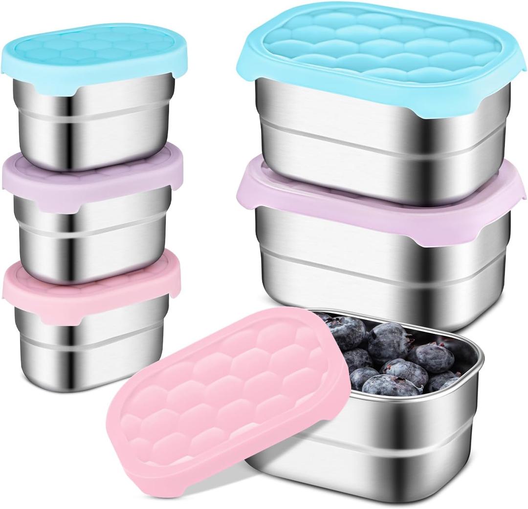 Maxcheck 6 Pcs Stainless Steel Snack Containers Food Storage Container with Silicone Lid Easy Open Stainless Steel Lunch Box Leak Proof Metal Bento Containers (Sweet Color,3oz, 8oz)