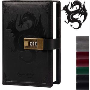 TIEFOSSI Dragon Leather Journal, Hardcover Notebook, Locked Refillable Diary, Lined/Blank Paper Writing Journals with Combination Lock for Men Women Child (Black)