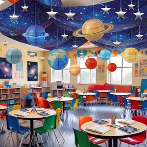 45 Pcs 2026 Space Celing Decoration for Classroom 24" x 13ft Galaxy Hanging Backdrop, Star Hanging Ornament, Solar System Paper Lanterns, Hooks for Kids Birthday VBS School Party Decor