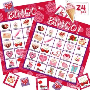 Bingo Cards Valentine Cards for Kids Adults-24 Players Valentine's Day Bingo Game for Kids Card Games School Classroom Games Birthday Party Favors Supplies Valentine Gifts for Boys Girls (Pink)