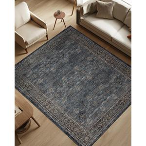9x12 Washable Non-Slip Large Area Rug for Living Room, Dining Room, Bedroom Home Office-Vintage Farmhouse Non-Shedding Distressed Foldable Low Pile Area Rug (Retro Blue and Burgundy,9x12)