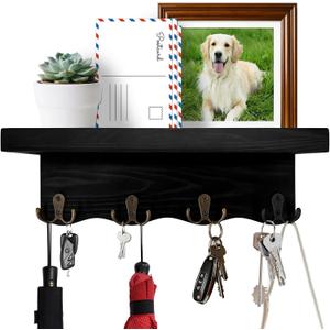 Key Holder for Wall with Shelf, Decorative Wave Design Mail Organizer Wall Mounted with 4 Double Hooks for Keys, Coats, Dog Leash, Wooden Key Rack for Entryway, Hallway, Home Decor (Black)