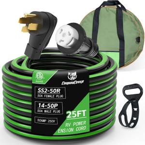 Black Green Power Cord, 14-50P to SS2-50R RV Locking Adapter Plug, 50 Amp 25 Feet Heavy Duty RV Power Extension Cord for RV Camper Generator to House, ETL Listed
