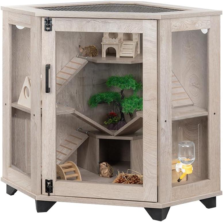 unipaws Chinchillas Hedgehog Cage with Ramp and House, Critter Nation for Ferret, Mice, Rat, Reptiles, Clear Acrylic, Corner Small Animal Cage (33.4"L x 21.6"W x 29.9"H)