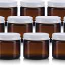 (12 pack) 2 oz / 60 ml Amber Thick Glass Straight Sided Jar with White Metal Airtight Lid