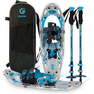 G2 25 Inches Blue Light Weight Snowshoes for Women Men Youth, Set with Trekking Poles, Tote Bag, Special EVA Padded Ratchet Binding, Heel Lift, Toe Box, Blue