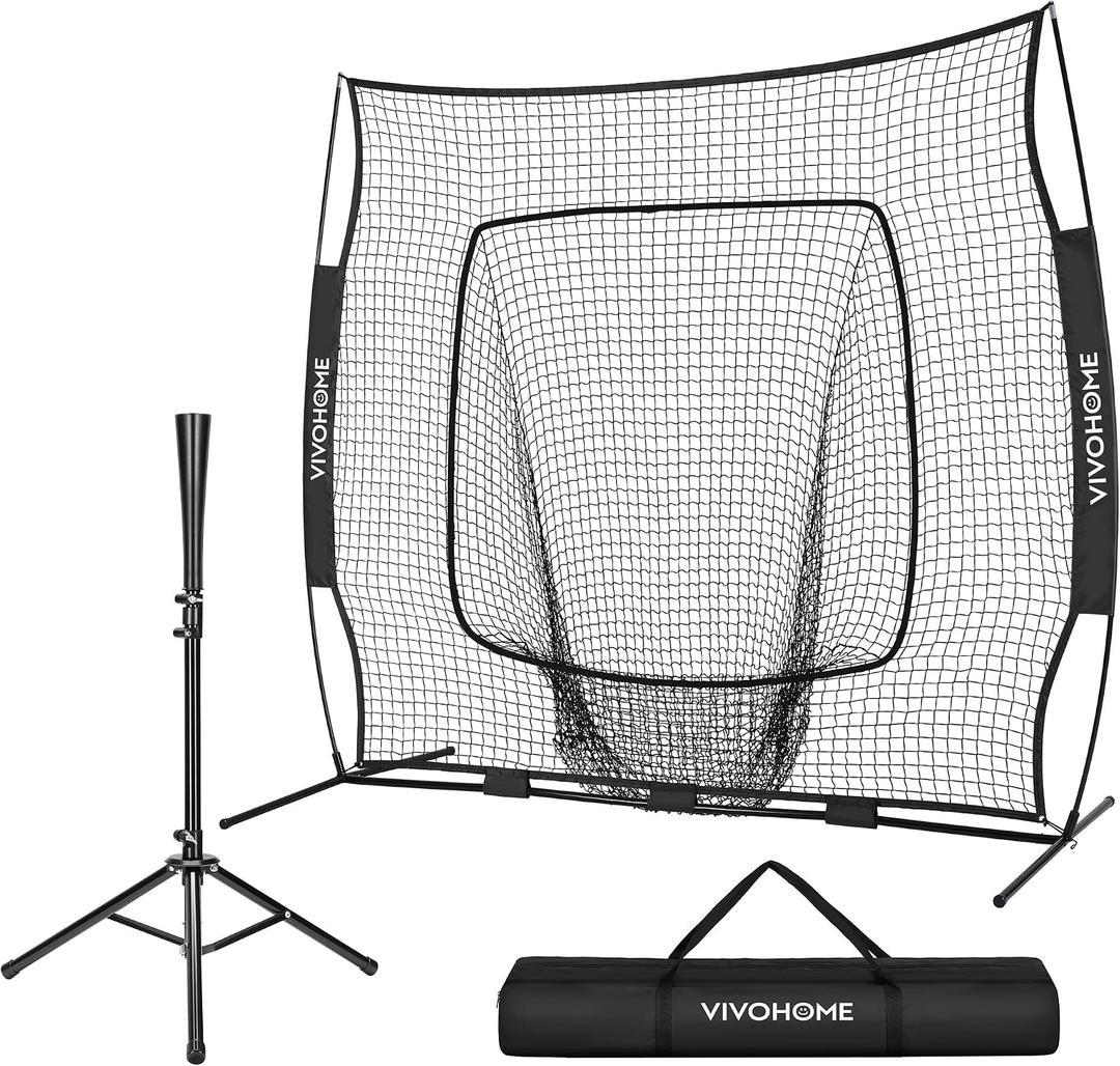 VIVOHOME Baseball Softball Batting Net - 7x7 Ft Baseball Backstop, Softball Practice Net for Hitting, Pitching, Throwing with Batting Tee and Carry Bag