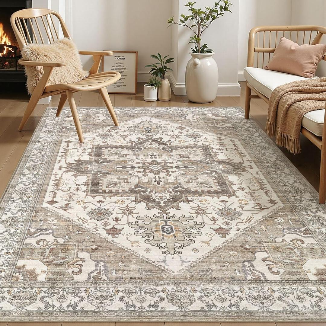 Area Rug for Living Room - 7x9 Washable Oriental Vintage Floral Large Soft Carpet - Fade Stain Resistant Non Slip Rugs for Bedroom Dining Room Nursery Dorm Office Home Decor - Beige Brown