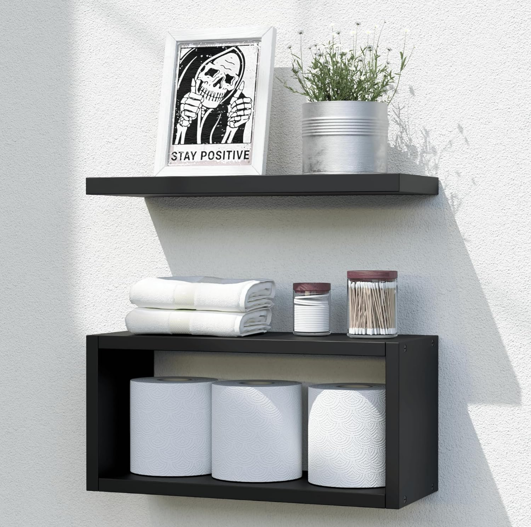 RICHER HOUSE Floating Shelves Bathroom, Black Floating Shelves for Wall, Above Toilet Bathroom Shelves, Wall Mounted Hanging Shelves for Bedroom, Kitchen, Living Room Decor - Black