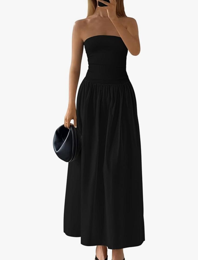 PRETTYGARDEN Women 2025 Summer Elegant Strapless Maxi Dress Tube Top Dress A Line Flowy Long Wedding Party Cocktail Dresses S