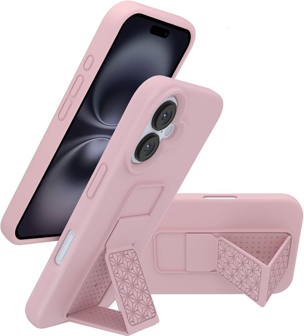 LAUDTEC Silicone Kickstand Case Compatible with iPhone 16, Vertical and Horizontal Stand Hand Strap Metal Kickstand Cover, Flexible Soft Liquid Silicone Stand Case for iPhone 16 (Pink)