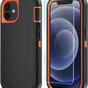 Phone Case for iPhone 12 Case/iPhone 12 Pro Case with HD Screen Protector, Heavy Duty Shockproof & Dropproof 3-Layer Cover Phone Case for iPhone 12/12 Pro (BlackOrange)
