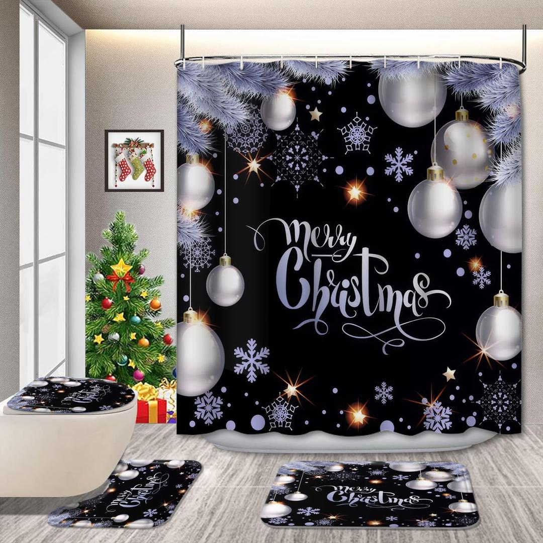 GRIEKOWE 4 Pcs Xmas Ball Black Background Christmas Shower Curtain Set with Non-Slip Rugs, White Snowflake Winter Holiday Festival Rustic Bathroom Home Curtain Decor with Hooks 72x 72in