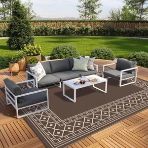 GENIMO Outdoor Rug Waterproof for Patio, 10'x14' Foldable Reversible Plastic Straw Carpet for Travel Trailers, Outside Area Mat for Rv, Deck, Picnic, Porch, Camper, Balcony, Beach, Coffee & Beige