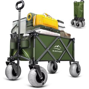 Beach Wagon with Big Wheels for Sand, Heavy Duty Collapsible Folding Wagon with All-Terrain 9" Pneumatic Tires & Drink Holders, Utility Wagon for Garden Sports Camping Outdoor Activities (Green)