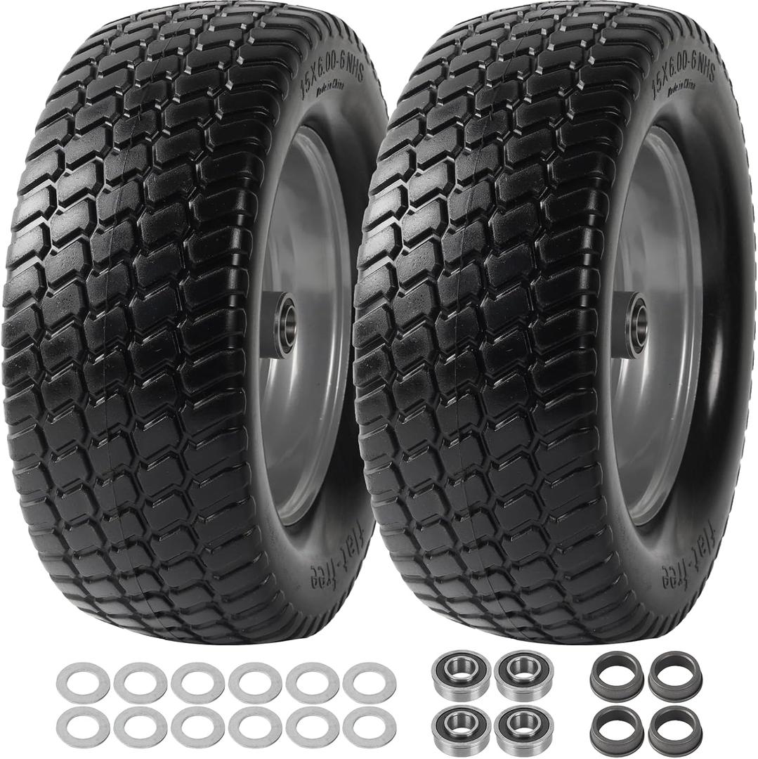 AR-PRO (2 Pack) 15 x 6.00-6 Front Tire and Wheel, Flat Free Lawn Mower Tires with Rim, 3" Centered Hub with 3/4" Bearings & 5/8" and 1" bushings, Compatible with John Deere Riding Mower, Lawn Tractor (Silver)
