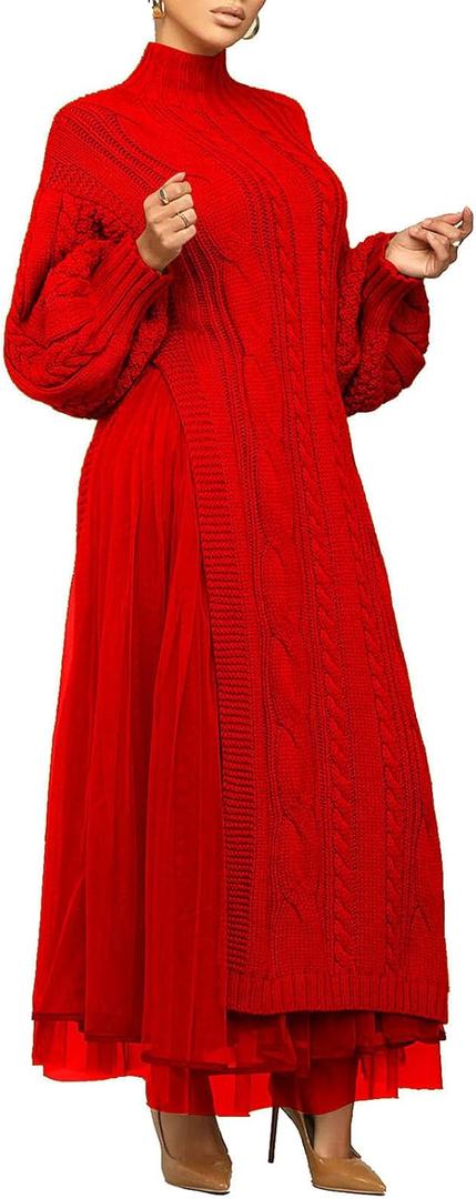 KANSOON Women Two Piece Outfit Set Oversized Heavy Knit Sweater with Tulle Maxi Skirt Fall Winter Outfits (Red, XL)