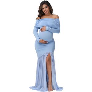 Maternity Long Sleeve Off Shoulder Baby Shower Dress Party Mesh Paneled Split Maxi Photography Gown for Photoshoot (Blue, M)