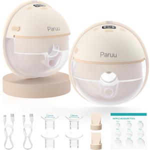 Paruu Hands Free Breast Pump P16, Wearable Breast Pump Electirc Max 309mmHg Strong Suction 19/21/24mm Flange Inserts Wearable Breastfeeding Pump, 2 Pack