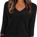 PRETTYGARDEN Women's Long Sleeve Shirts Ribbed Knit V Neck Tee Dressy Casual Blouses Going Out Tunic Tops 2026 Fall Outfits (Black, L)