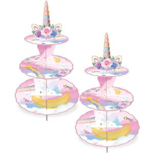 2 Pack Unicorn Cupcake Stands Birthday Decorations: 3-Tier Unicorn and Rainbow Theme Party Supplies Cake Stand Toppers for Girls Kids - Suitable for 48pcs Cupcakes Pink Table Decorations