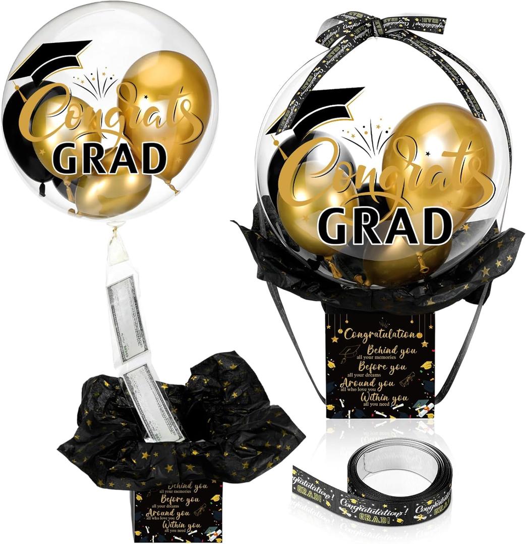 MiniInflat Graduation Pull Money Balloon Box with 12 Pcs Black Gold Balloon for Cash Gift Graduation Party Decor Class of 2026 Graduates Gifts for High School College Send off Party Supplies