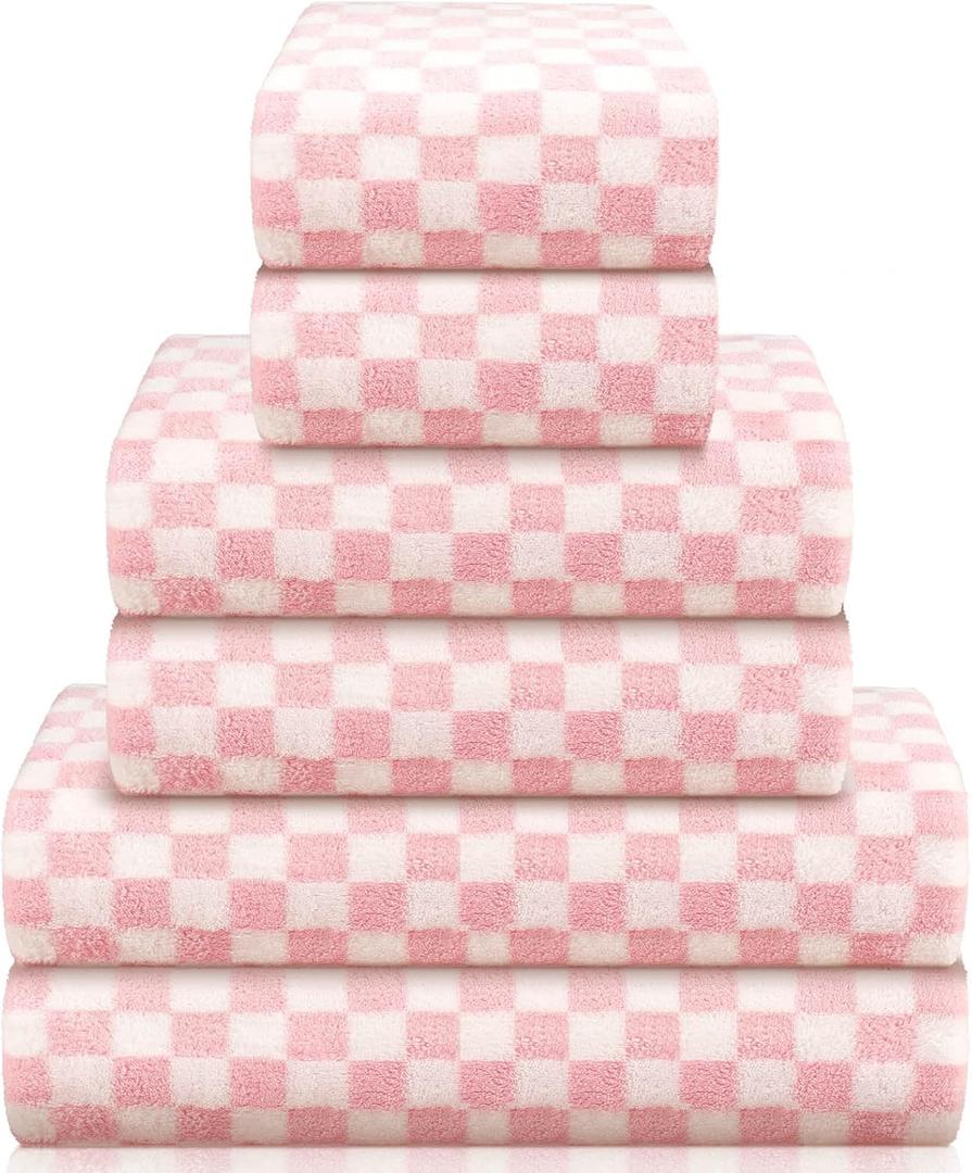 Kinlop 6 Pcs Checkered Bath Towels Set Coral Washcloth Soft Fleece Quick Dry Patterned Hand Towel for Bathroom Back to School Gym Spa Beach Accessories(Pink,Checkered)