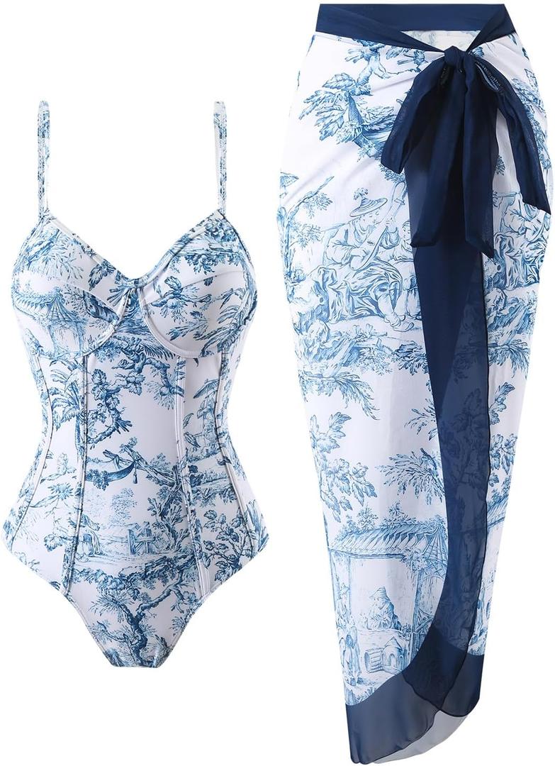 Women's One Piece Swimsuit with Cover Up Sarong Swimsuits for Women Printed Bathing Suit with Cover Up Set Wrap Slimming Two Piece Bathing Suit A Blue Floral, XX-Large