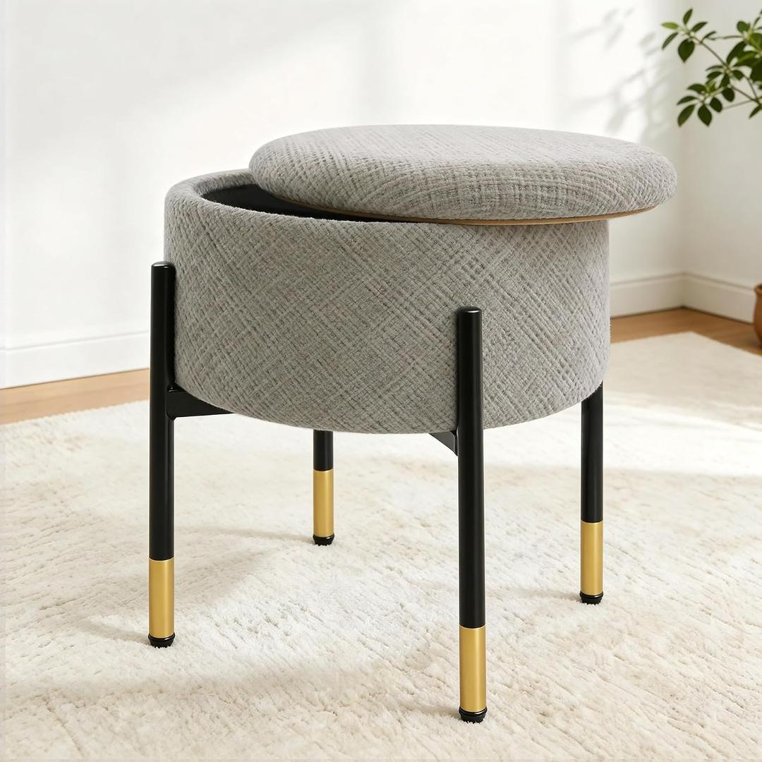 CAROLMADE Round Ottoman with Storage, Velvet Makeup Vanity Stool, Small Ottoman Foot Stool with Coffee Table and Metal Legs for Living Room, Bedroom and Dorm, Coffee, 13.8"D x 13.8"W x 17.8"H
