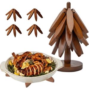 Wooden trivets for hot Dishes  4 Tree-Shaped Coasters & 1 Stand for Hot Pots, Dishes | Heat-Resistant, Space-Saving Pot Rest & Cozy Kitchen Decor, Tree Trivets for Counter + Special Bonus (Walnut)