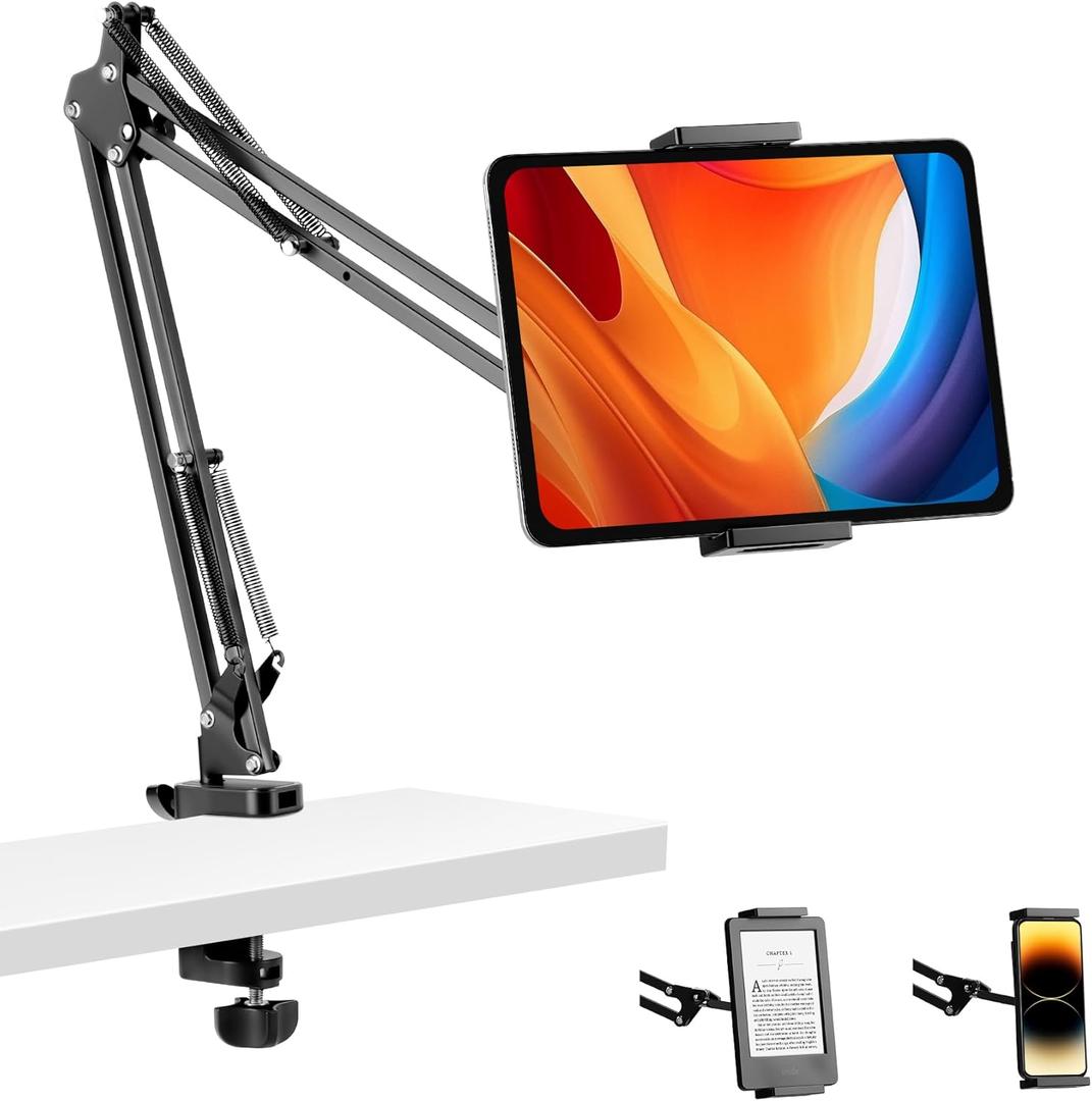 Tablet Holder for Desk, iPad Stand Phone Holder for Desk, Overhead Tablet Desk Mount for Bed with 360 Rotation, Compatible with iPhone iPad Kindle 4.7-13" Devices