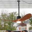 42 Inch Outdoor Ceiling Fan with Light and Remote, Wet Rated Wood Gazebo Fan with 16ft Plug-in Cord, 3 Walnut Blades Farmhouse Patio Fan, Reversible DC Motor, Memory Function, Matte Black